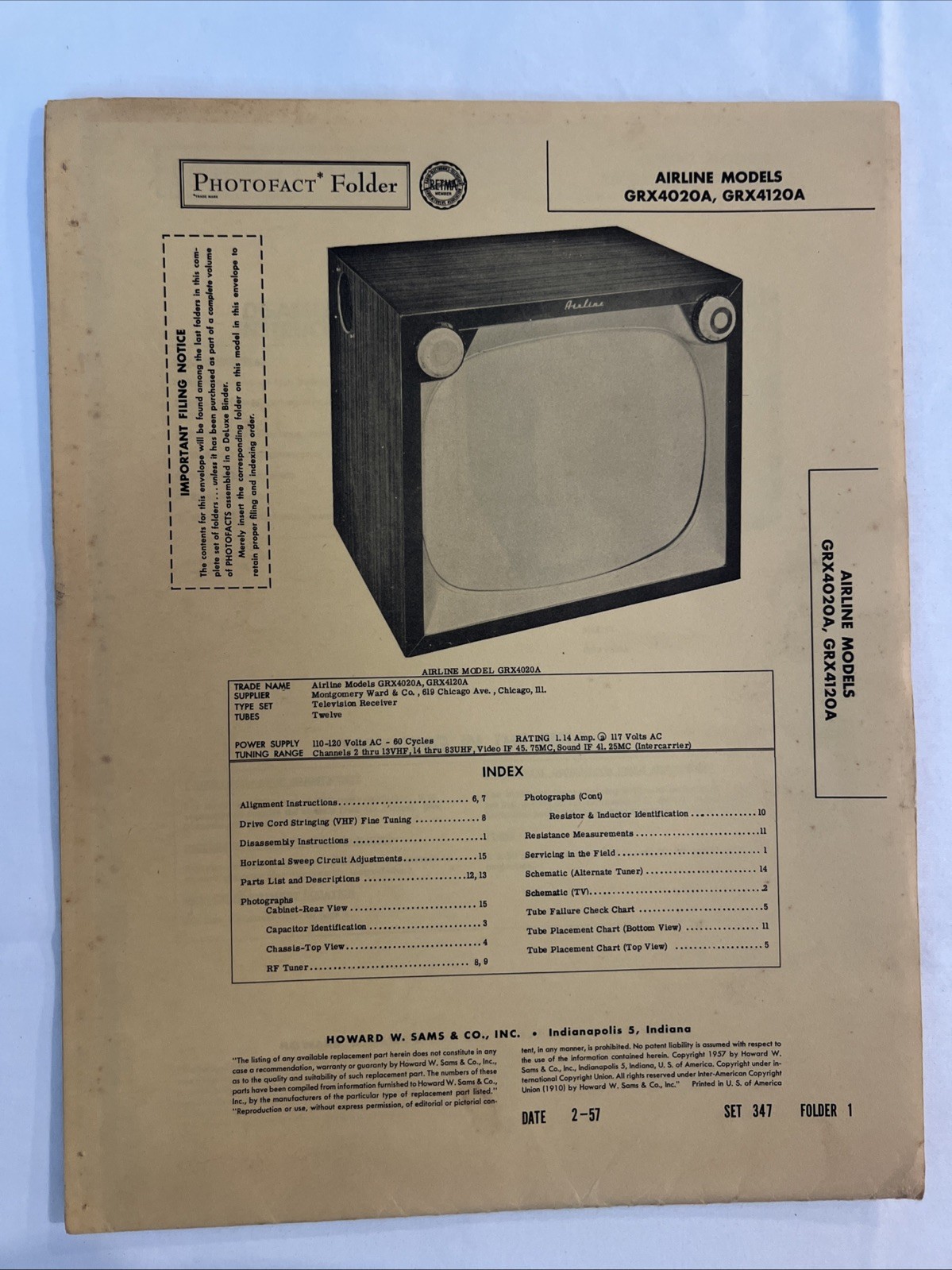 Vintage Sams Photofact Schematic 2-1957 AIRLINE MODELS GRX4020A, GRX4120A