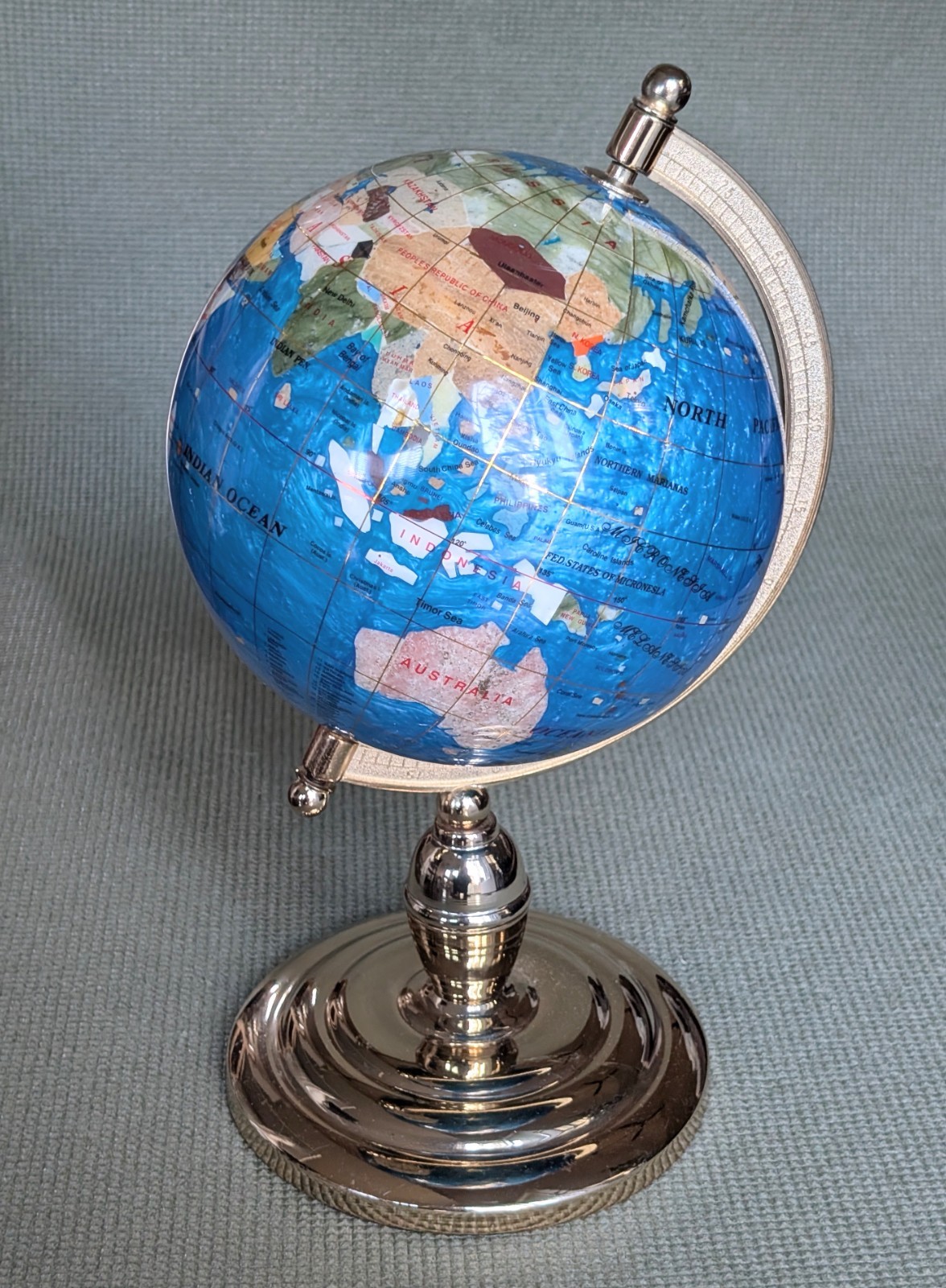 Rotating Gemstone Globe w/Lapis Ocean Semi Precious Stones on Brass Stand 16.2”