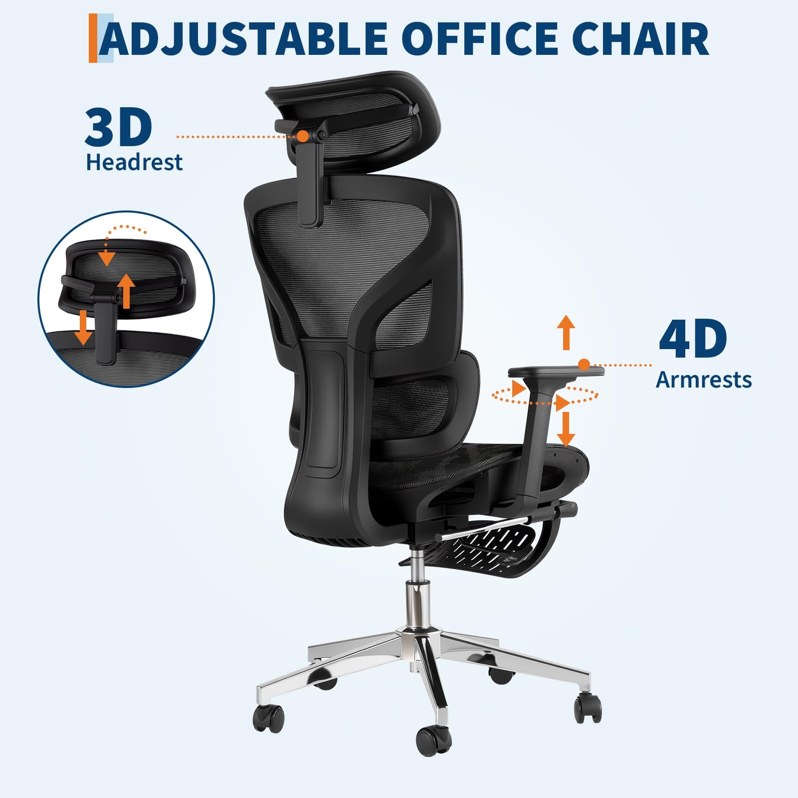 Ergonomic Desk Chair W/ Footrest, Fabric Mesh Computer Chair Adjustable Headrest