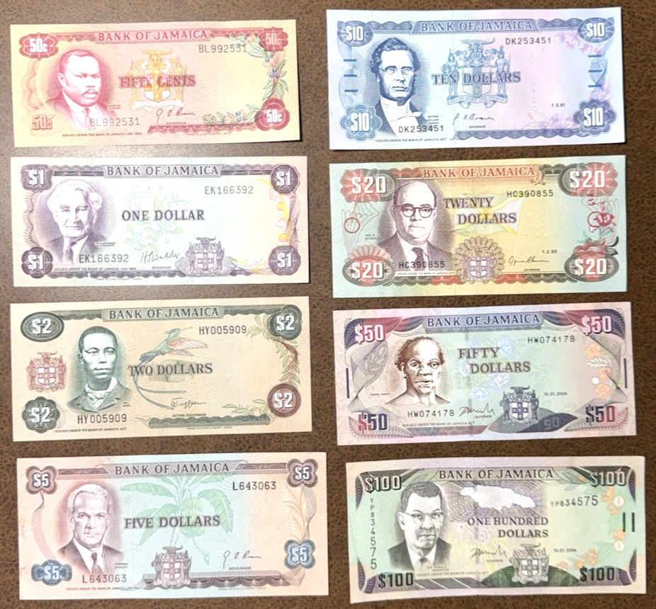 Jamaica Banknote Lot 8 Pieces 50 Cents-100 Dollars Various Picks UNC
