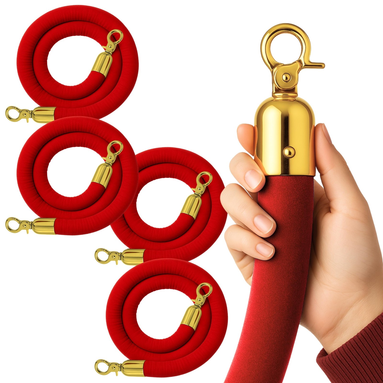 4 Pcs Red Velvet Stanchion Rope 5 Ft 42mm Thick Crowd Control Gold Hooks