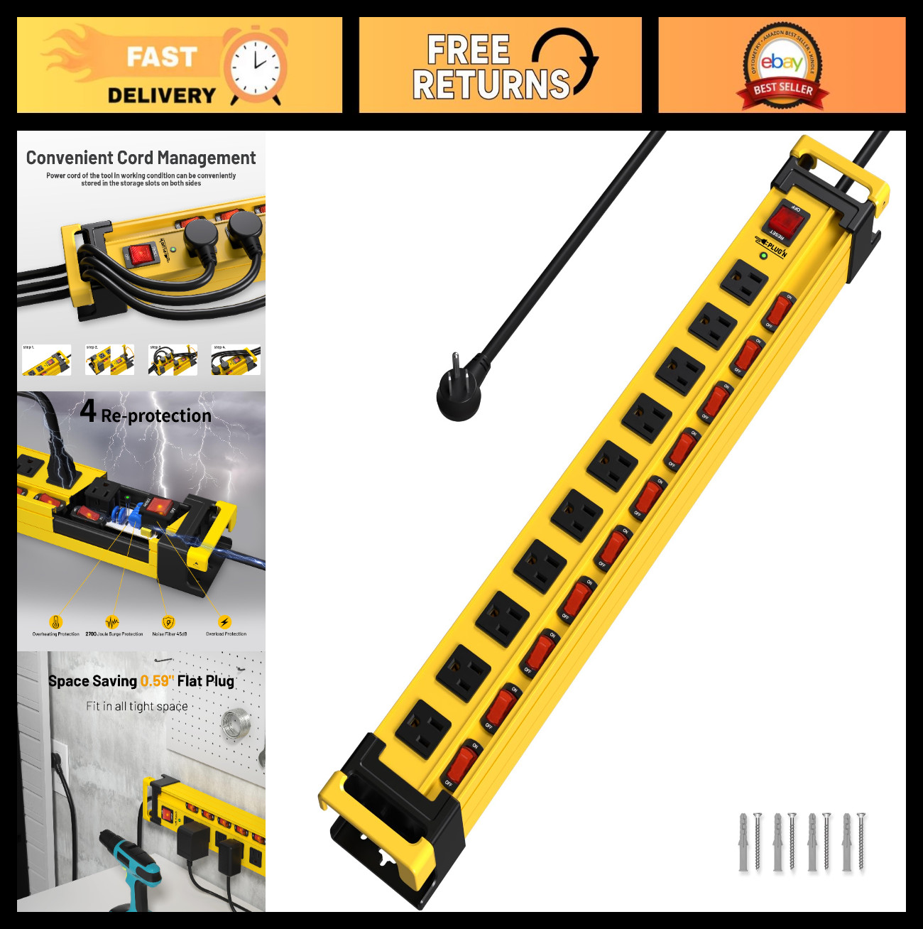 Heavy Duty Power Strip 10 Outlets with Surge Protector, Individual Switches, 9FT