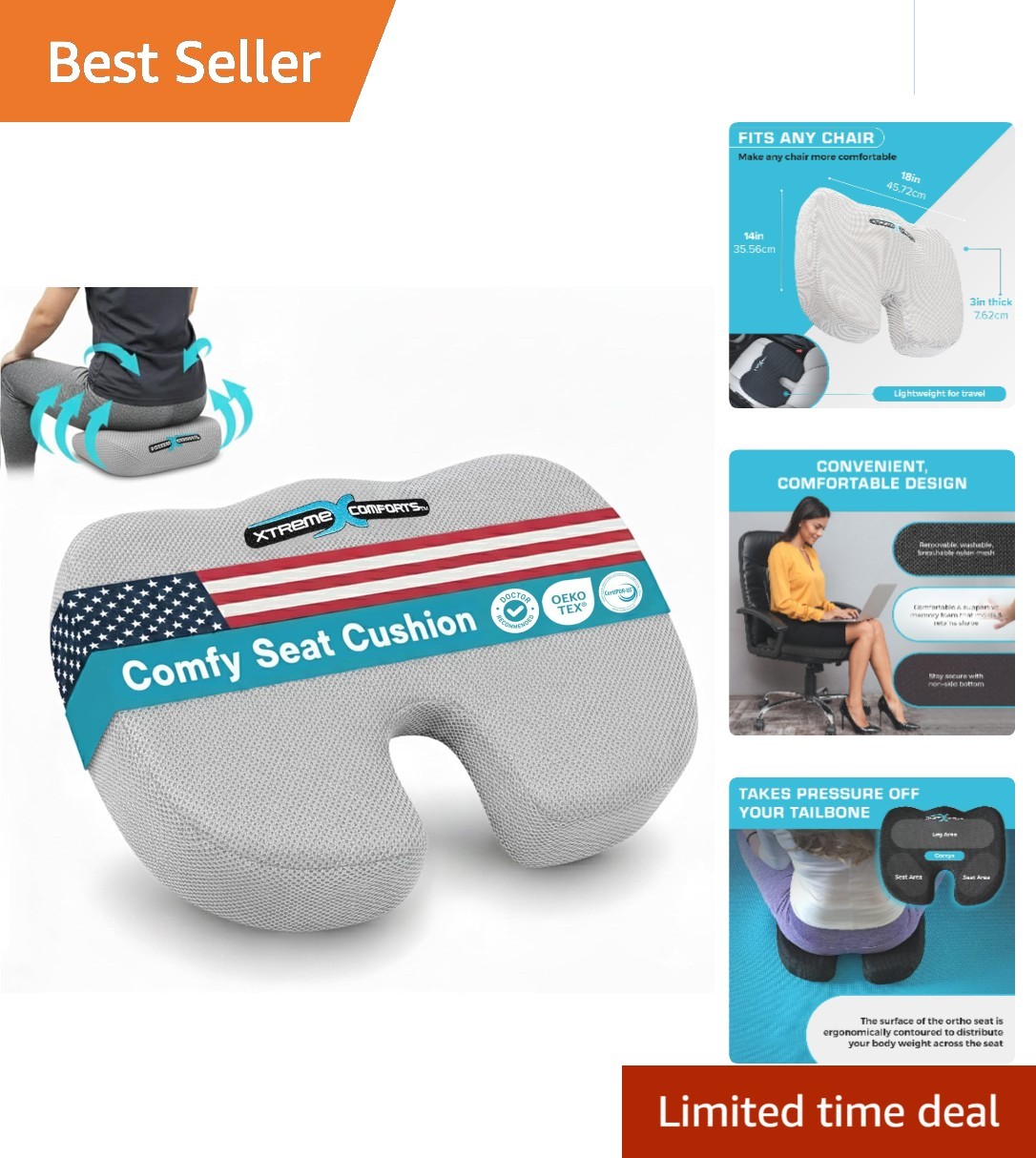 Breathable Memory Foam Seat Cushion for Desk & Wheelchair - Machine Washable