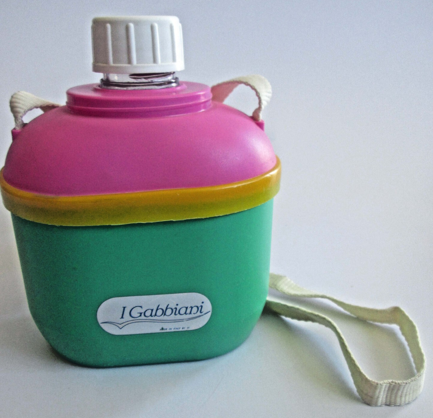 Vintage I Gabbiani ITALY Canteen Green Pink Water Beverage Bottle Thermos Strap