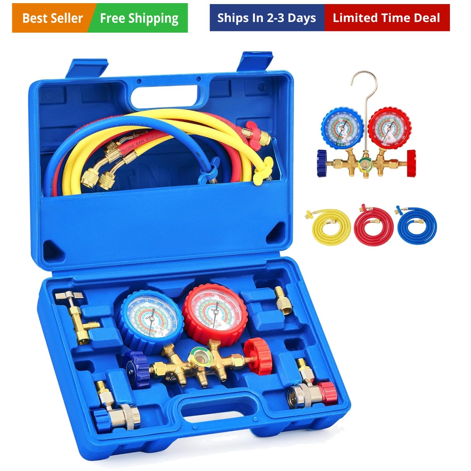AC Gauges, AC Manifold Gauge Set for R134a R12 R22 R502, 3 Way Automotive AC ...