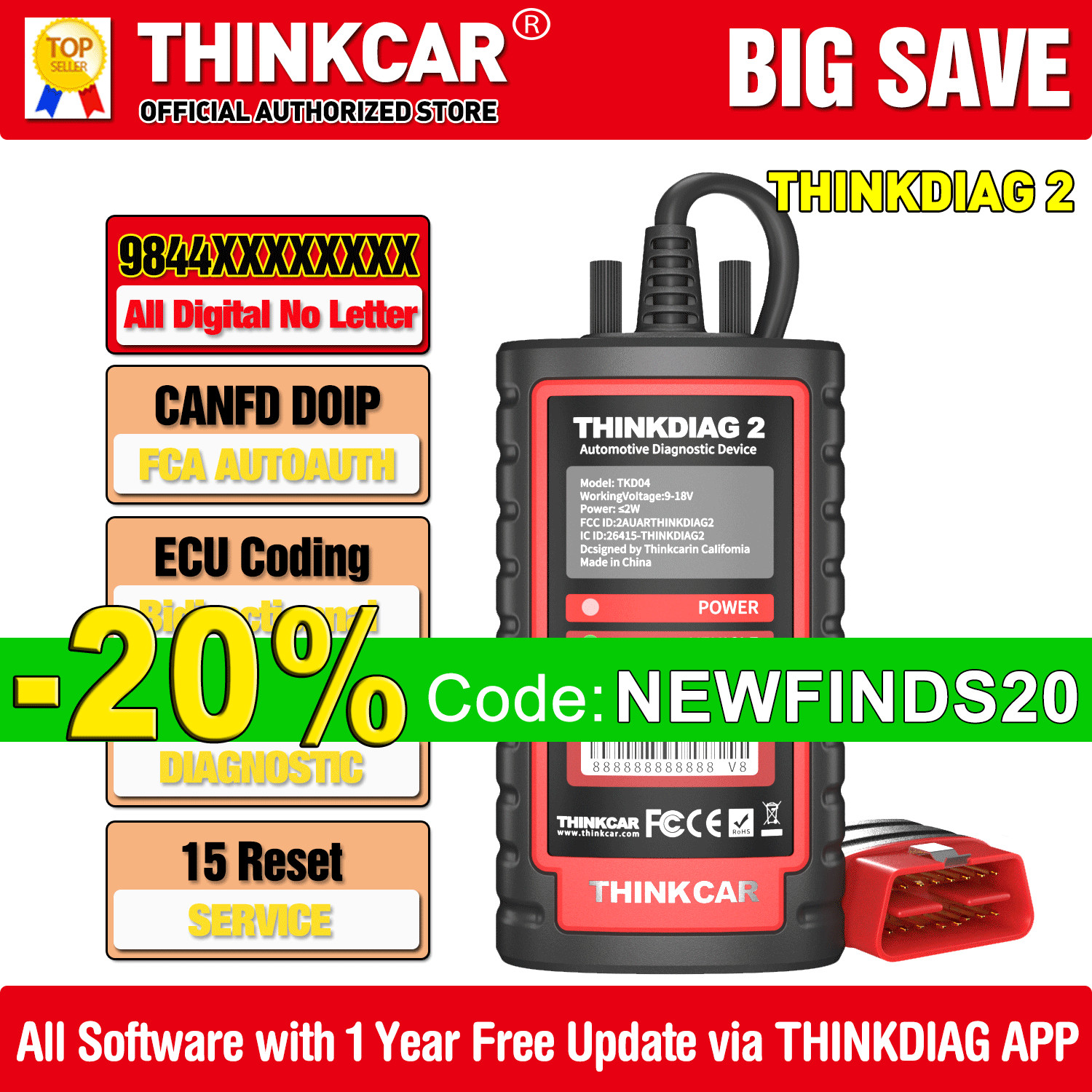 2026 THINKDIAG 2 Car OBD2 Scanner Bidirectional All System Diagnostic Tool CANFD