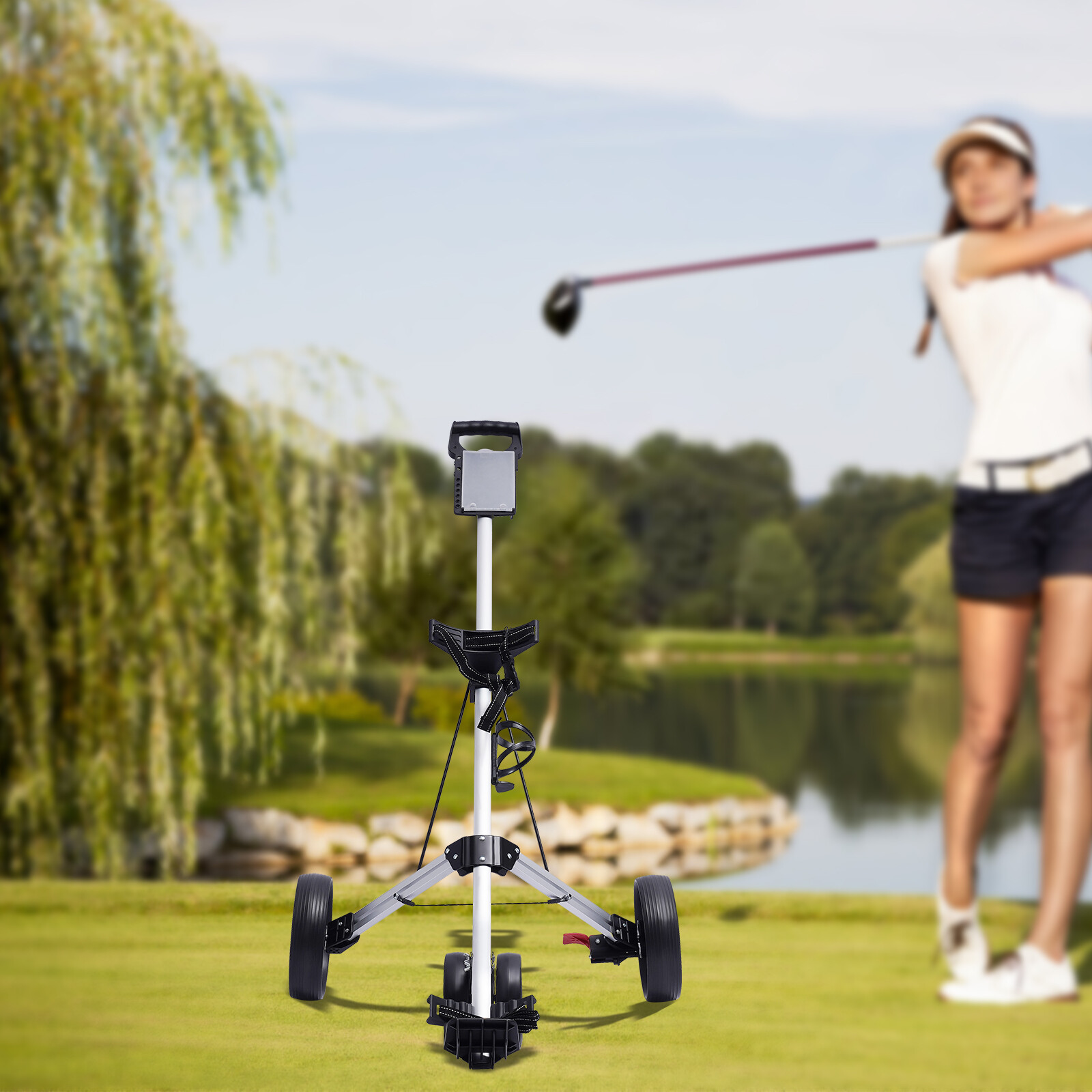 3 Wheel Foldable Golf Pull Push Cart Trolley Scorecard Drink Holder Aluminum USA