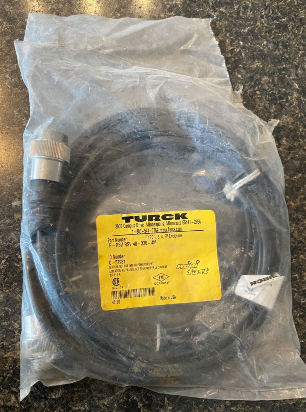 Turck cable P-PSV 40-330-4M Mini Fast 7/8” male to male 4 pins ID#U-57981