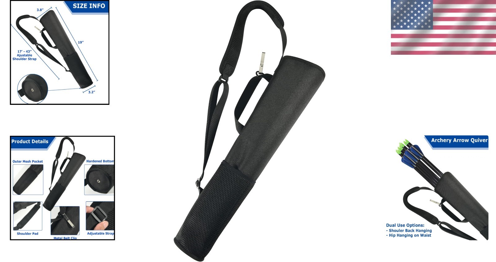 Lightweight Durable Archery Arrow Quiver - 2 Mesh Pockets & Padded Strap