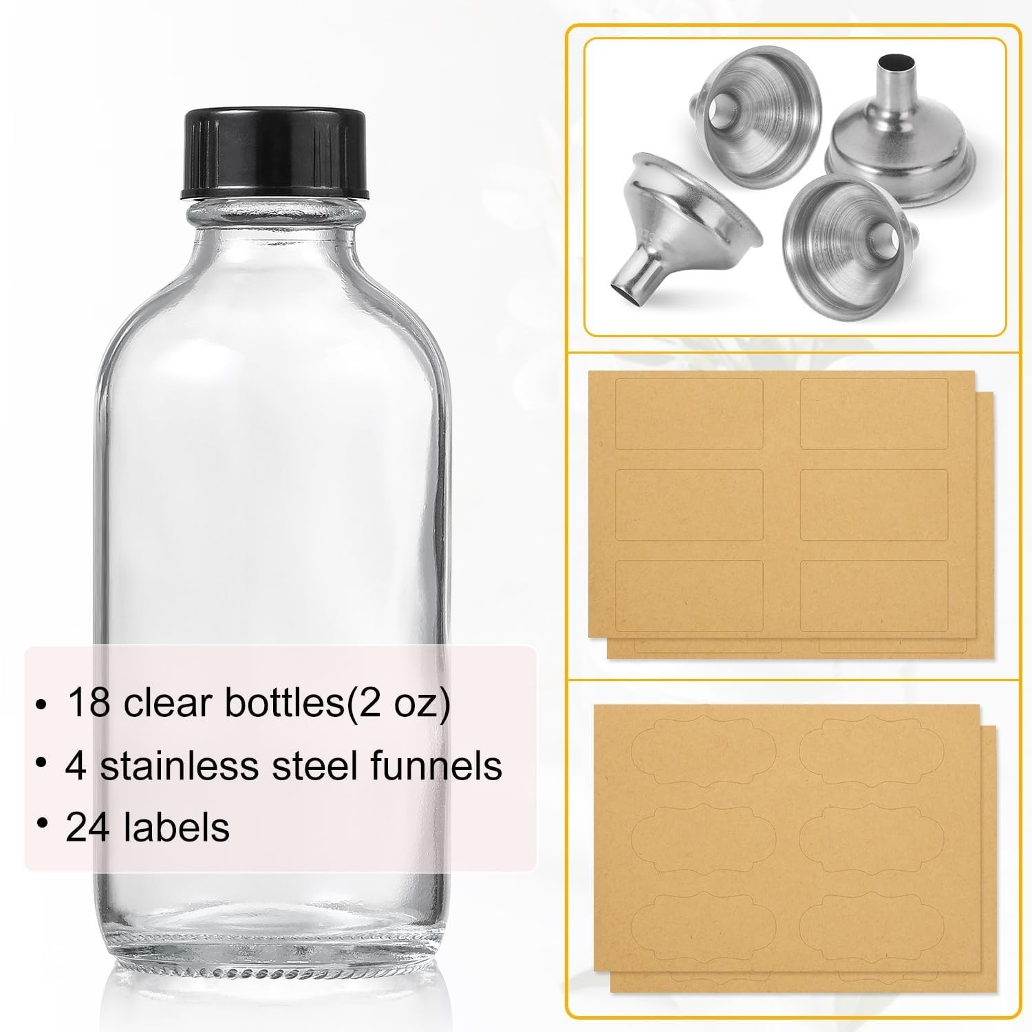 36-Pack 2oz Mini Glass Bottles with Lids, Funnels, Labels – Travel & DIY Storage
