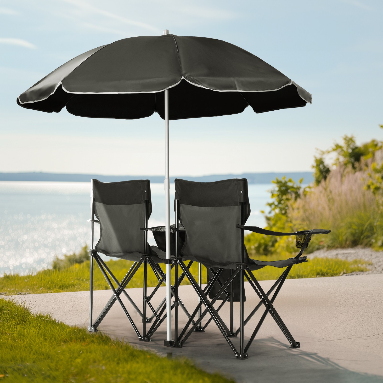 Hot Sale Portable Outdoor 2-Seat Folding Chair with Removable Sun Umbrella Black