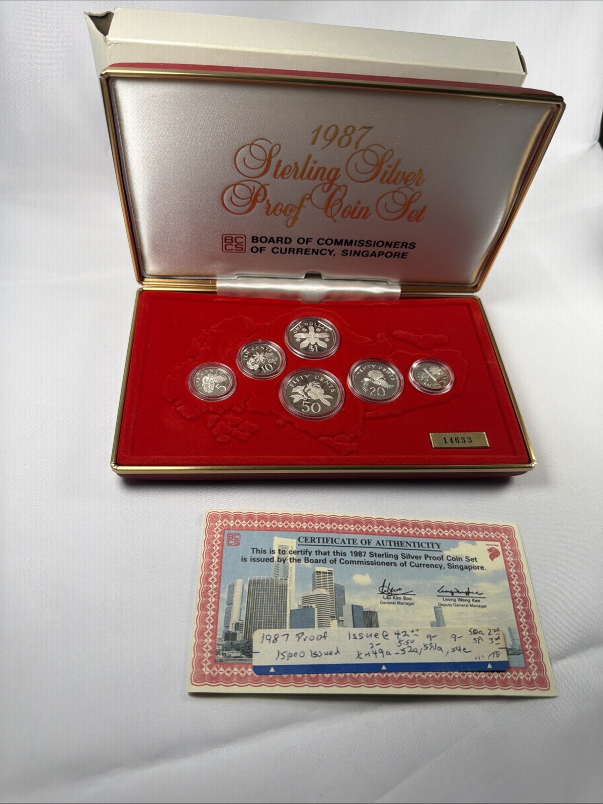 1987 Sterling Silver Coins Singapore Boxed Set with COA Complete Set