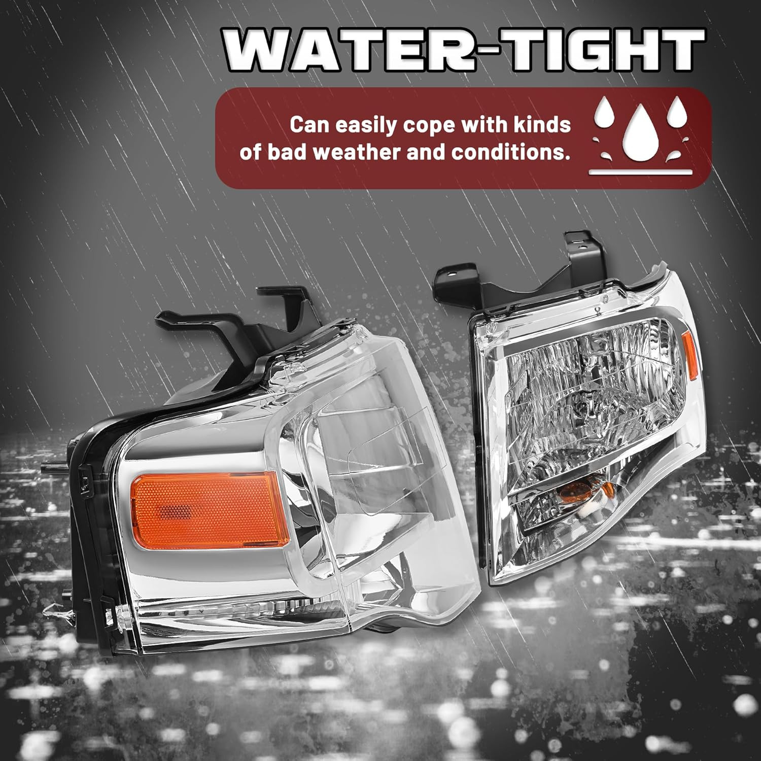 Pair Headlight Compatible with 2007-2014 Ford Expedition, Halogen Headlamp Front