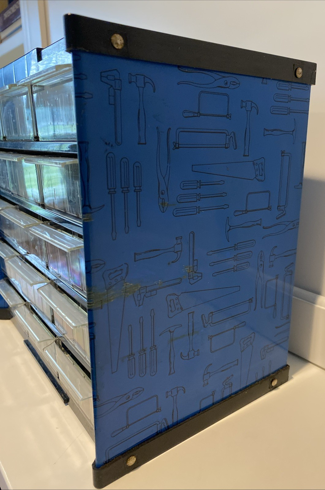 Vtg 15 Drawer Metal/Plastic Parts Storage Cabinet Blue Tool Pattern ~ 10 x 9 x 6