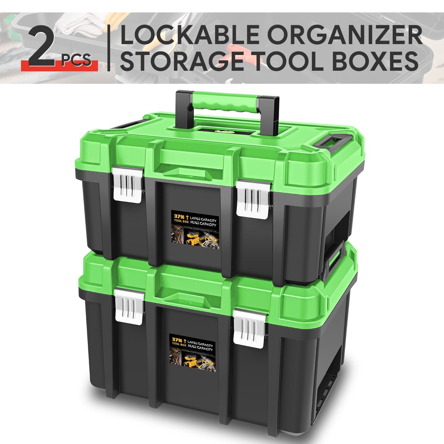 2Pcs Green Workbench Garage Car Trunk Lockable Storage Tool Box w/Handle