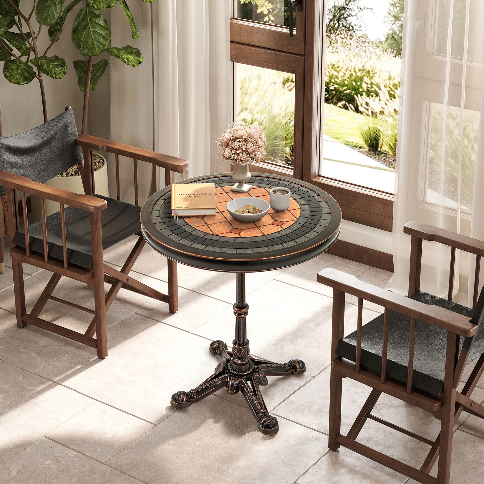 32" Patio Dining Table w/ 1.6" Umbrella Hole & Lid DPC Tabletop for Backyard