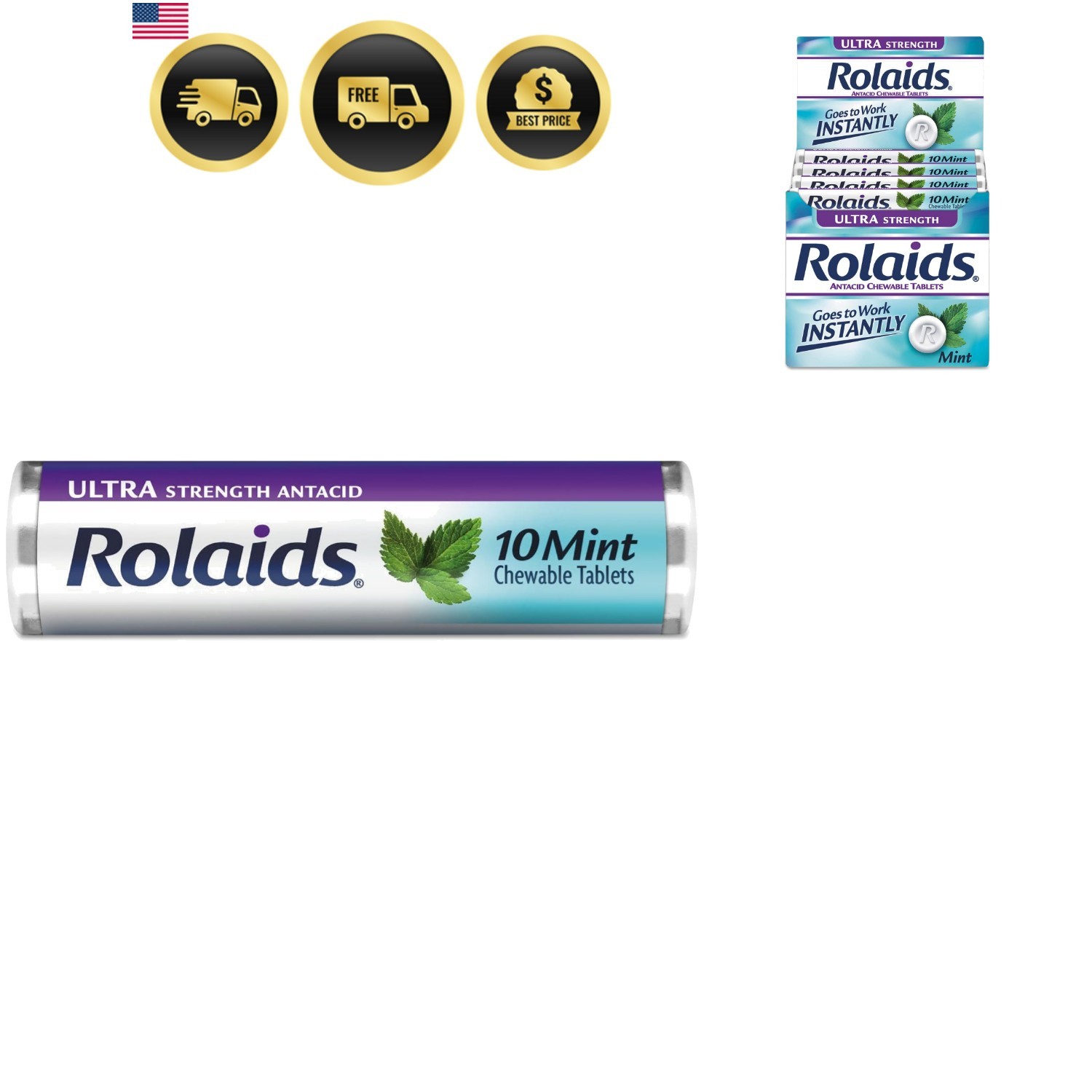R10034 Ultra Strength Antacid Chewable Tablets, Mint, 10/Roll, 12 Roll/Box