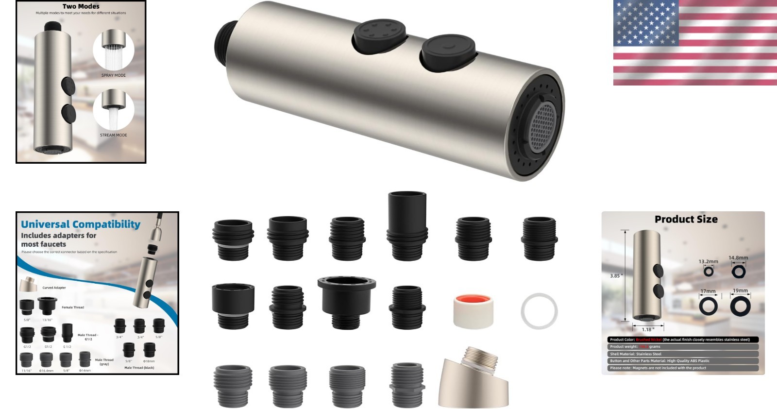Metal Pull Down Kitchen Faucet Head Replacement with 15 Adapters Brushed Nickel
