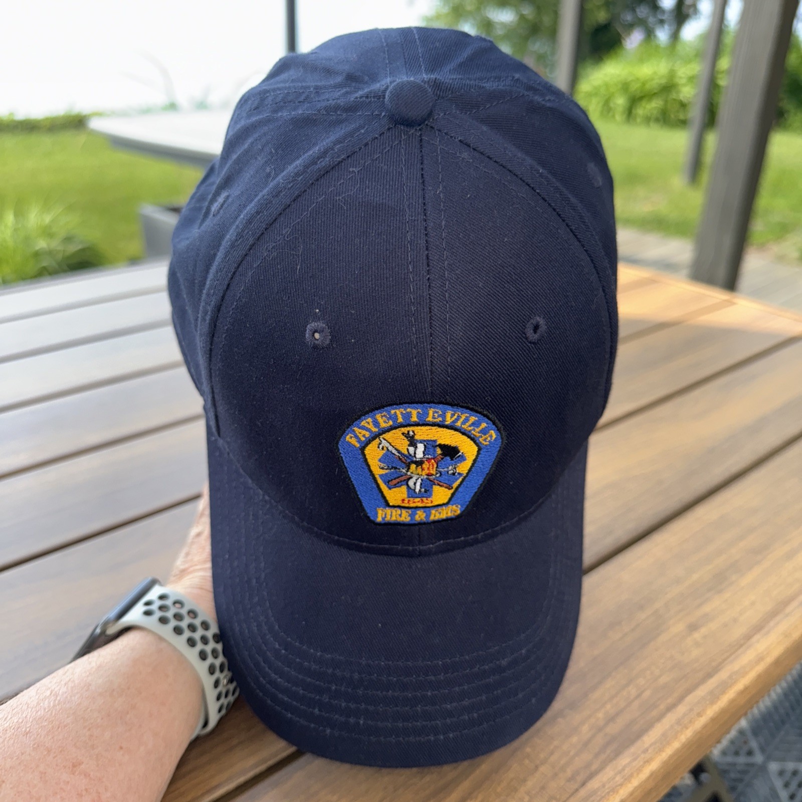 Fayetteville Fire & EMS Patch on Navy Cotton Hat Cap Hook Loop EUC
