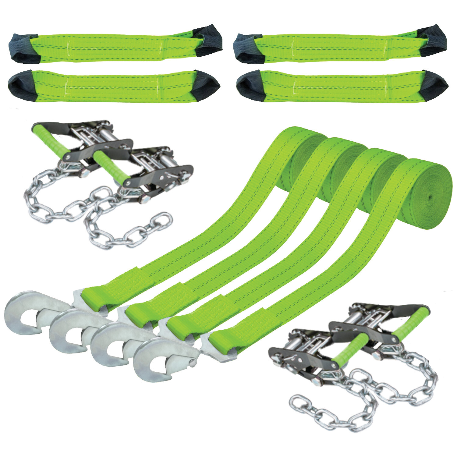 VULCAN 8-Point Car Tie Down Kit - Snap Hook & Chain Tail, 4 Pack - High-Viz