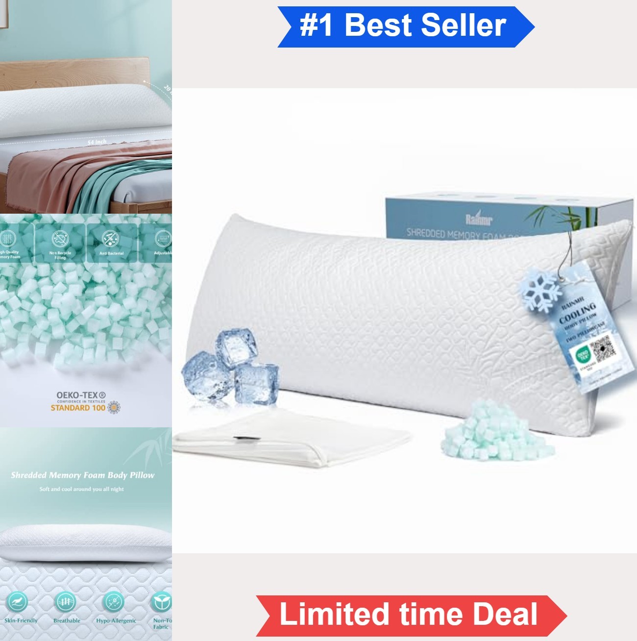 Memory Foam Body Pillow 20x54 Adults Cooling Adjustable Full Body Support Side