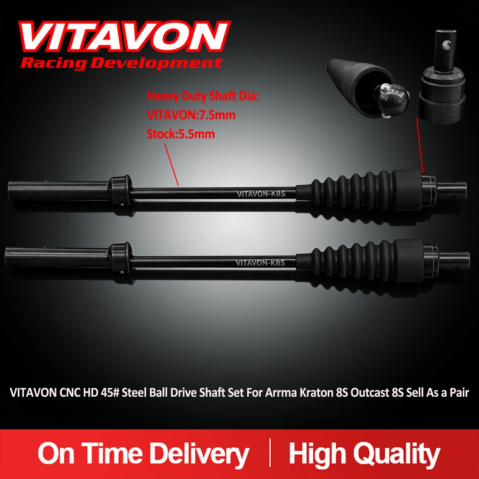 VITAVON CNC HD 45# Steel 3 Ball Drive Shaft Set For Arrma Kraton 8s Outcast 8s