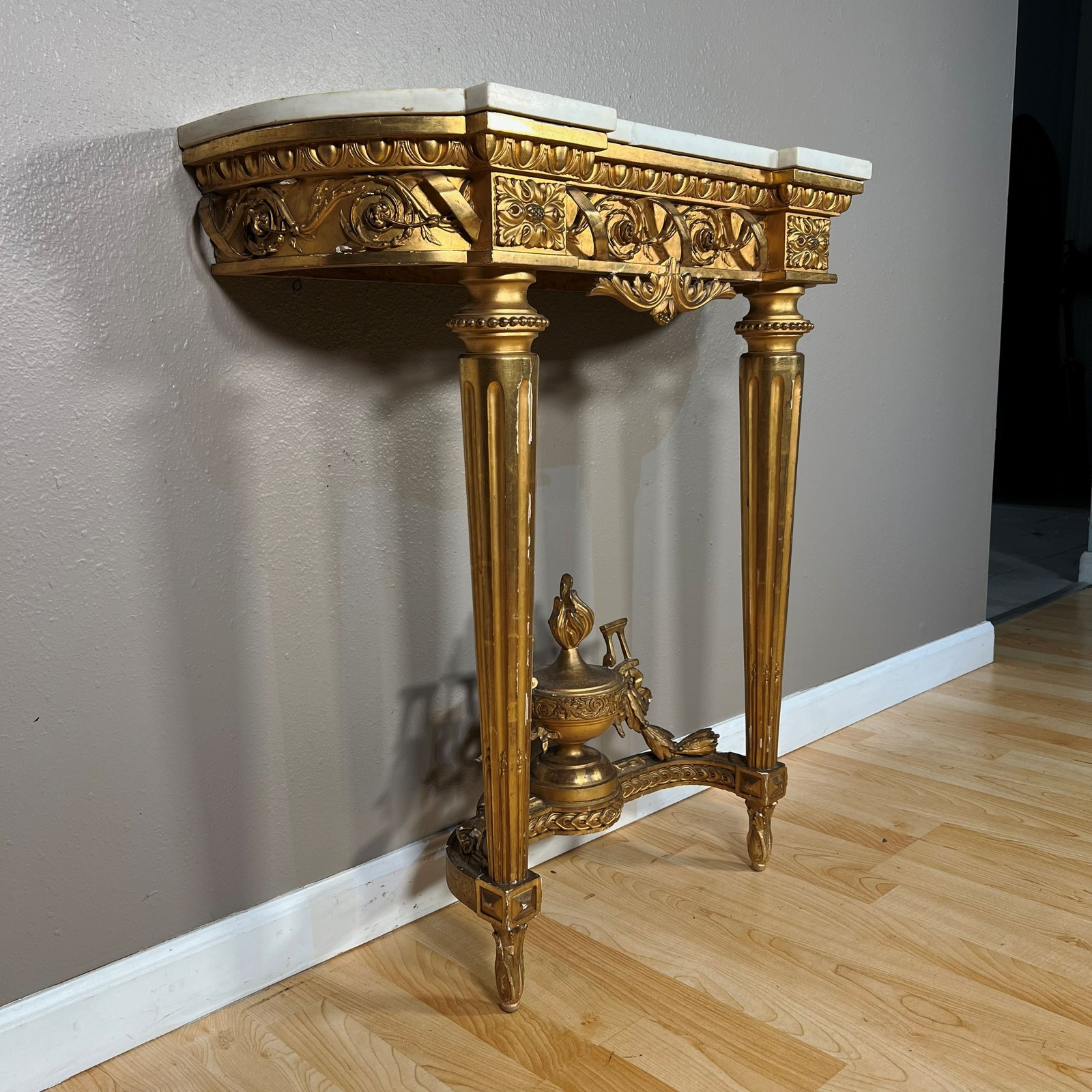 Antique French Louis XVI Style Gilt Wood Console Table with Carrera Marble Top