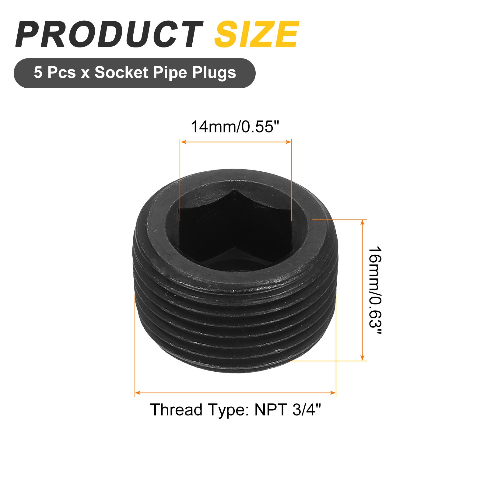 5Pcs Socket Pipe Plugs, NPT 3/4"Carbon Steel Hex Thread Pipe Caps, Black