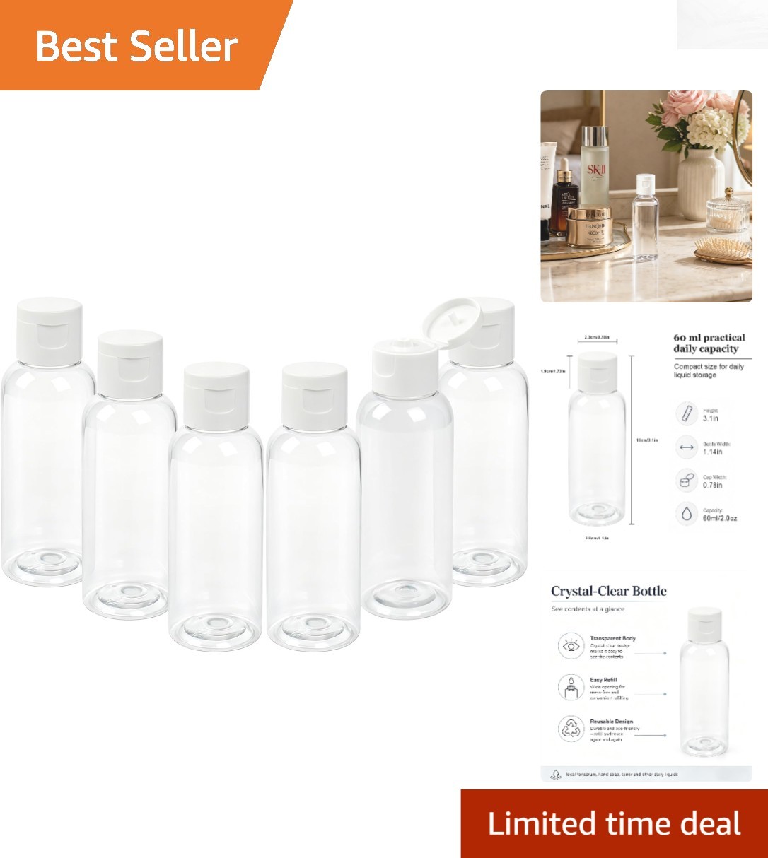6 Pack Travel-Friendly 2 oz Bottles with Flip Cap - Perfect for Hair & Body Care