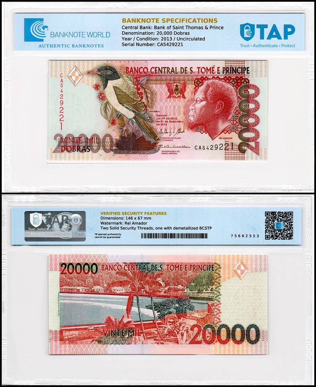 St. Thomas & Prince 20000 Dobras, 2013, P-67e, UNC, TAP Authenticated