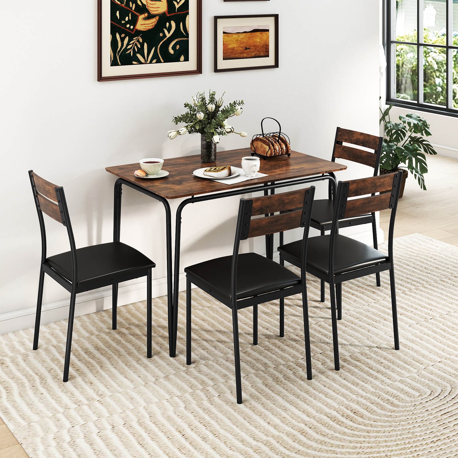 5PCS Dining Table Set, Kitchen Table and 4 Armless Chairs w/ Upholstered Seat
