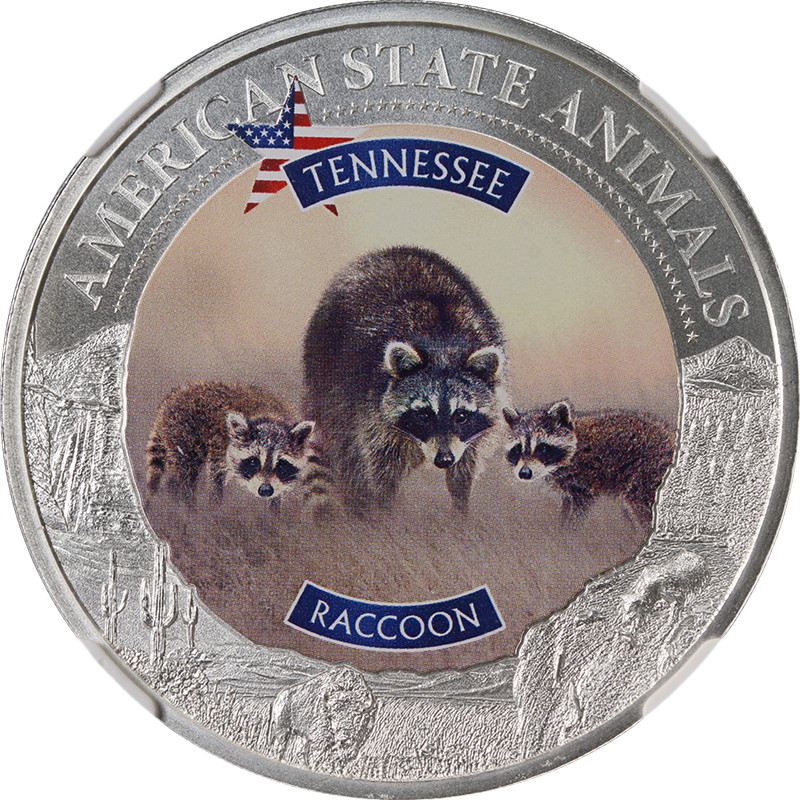 2021 Cook Islands 1 Ounce Silver $5 U.S. State Animal Tennessee Raccoon NGC M...