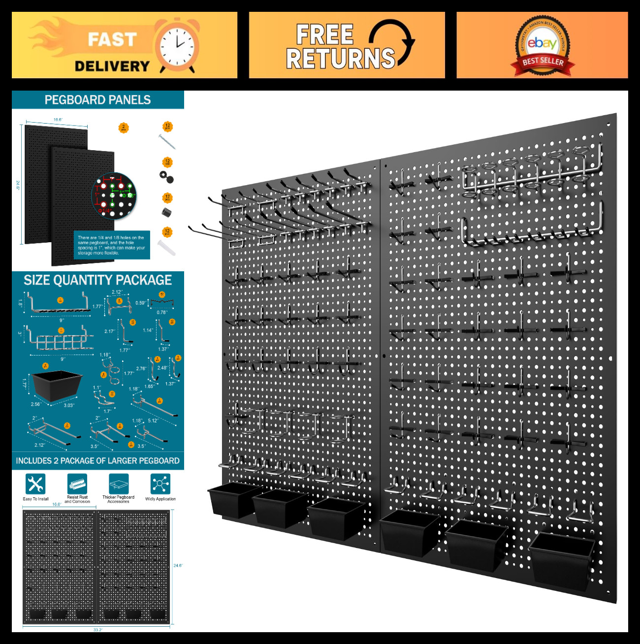 16x24 Steel Pegboard Kit with 120 Accessories - Tool Storage & Garage Organizer