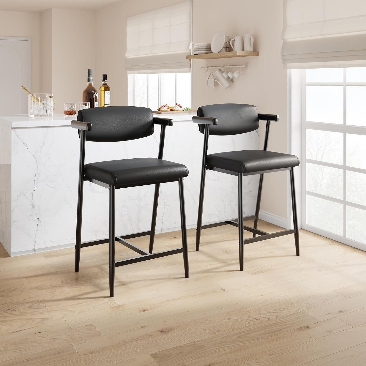 Counter Height Bar Stools Set of2w/Back,Upholstered PU Leather Dining Chairs