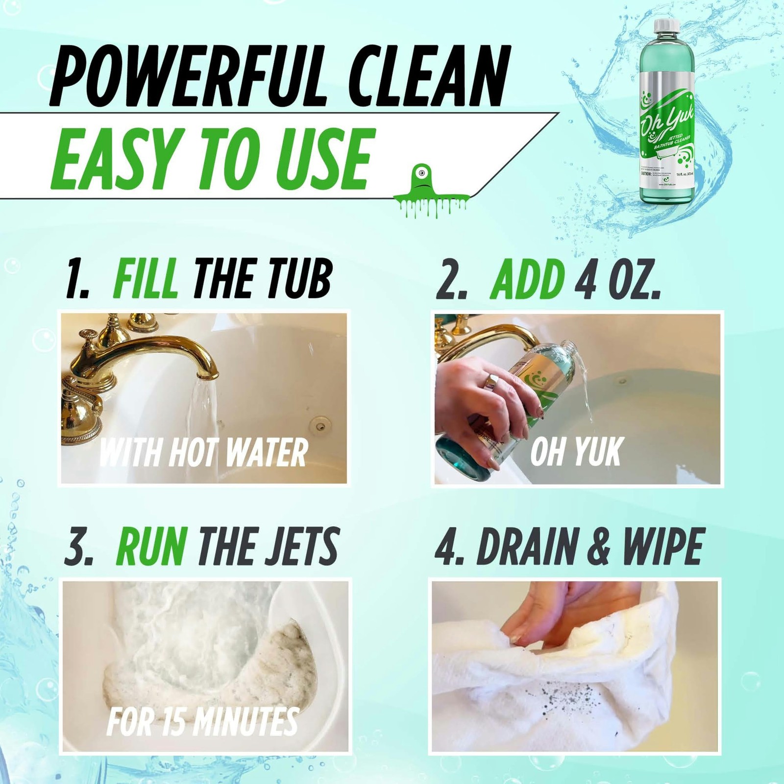 Oh Yuk Jetted Tub Cleaner for Jacuzzis, Bathtubs, 16 Fl Oz (Pack of 1), Green