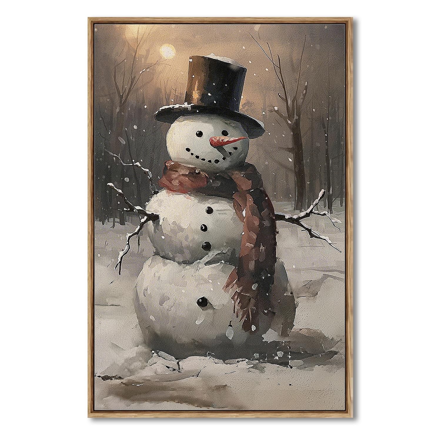 AIMAILON Vintage Framed Canvas 12 inch x 18 inch, White Smiling Snowman