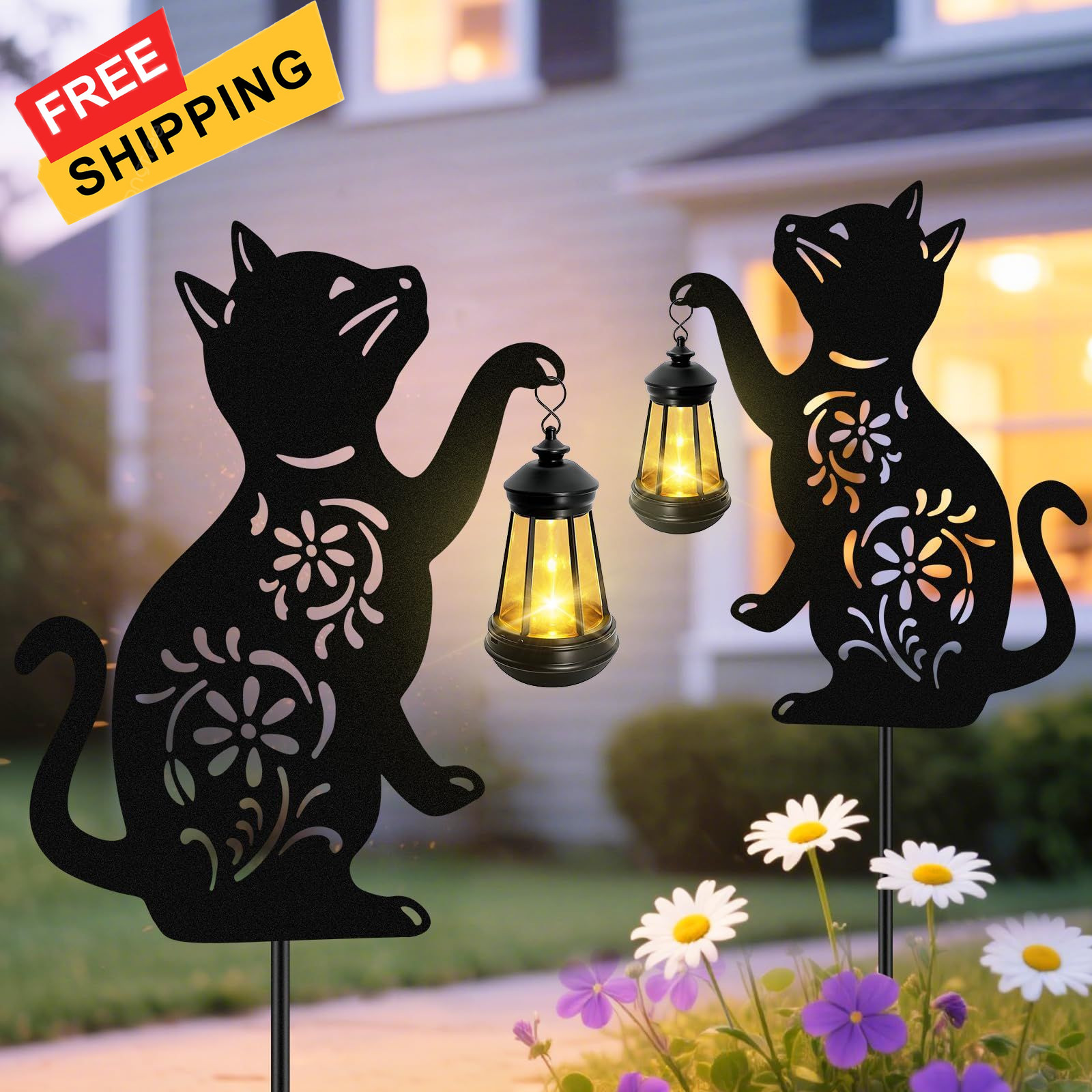 Solar Cat Hanging Lantern Outdoor, 2 Pack Black Lights, cat,