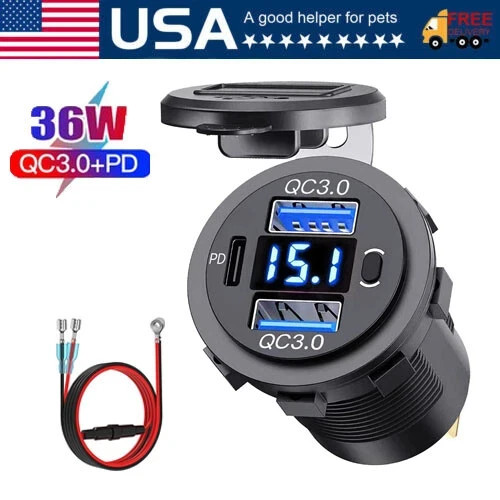 12V-24V PD + QC3.0 Dual USB Car Fast Charger Power Socket Outlet LED Voltmeter