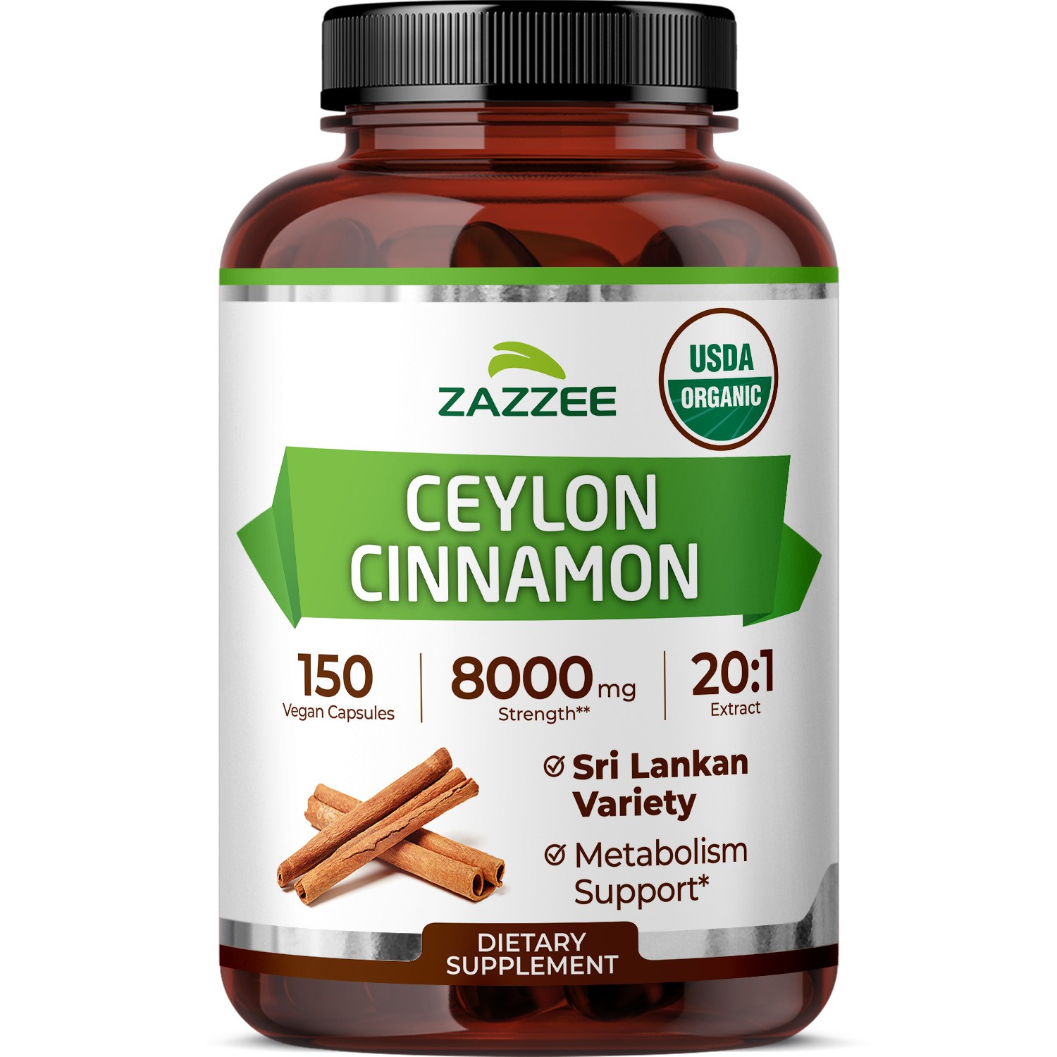 USDA Organic Ceylon Cinnamon 20:1 Extract, 150 Vegan Capsules, 5 Month Supply