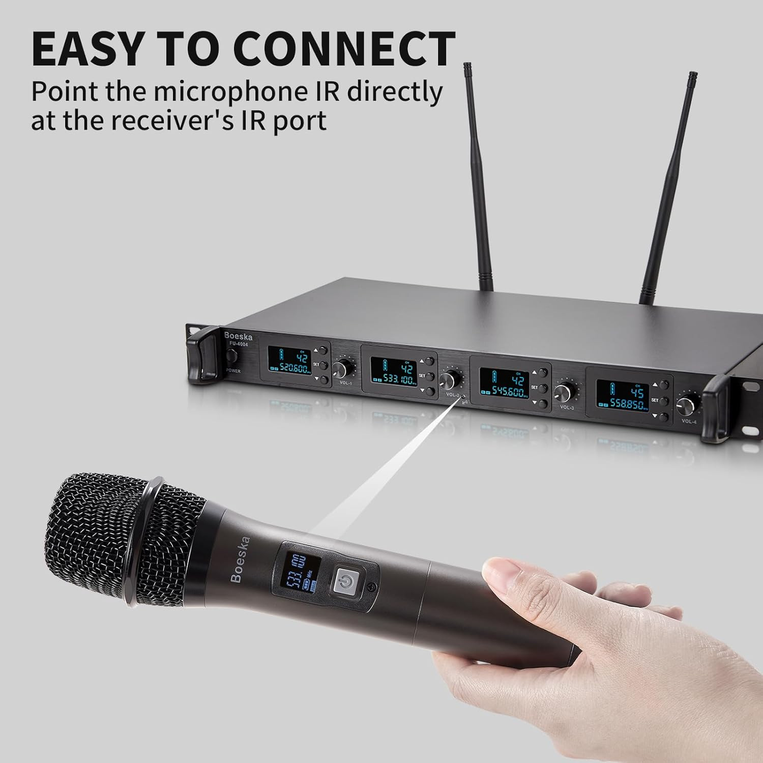 4-Channel UHF Wireless Microphone System with 4 Handheld Mics, 200Ft Range