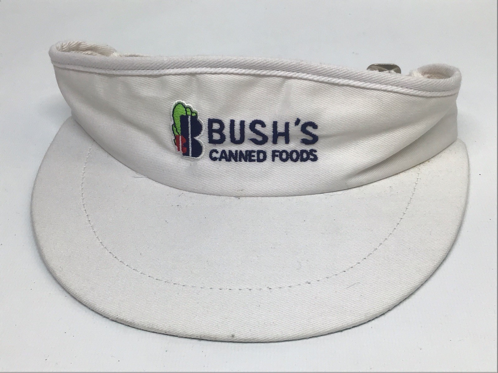 Vintage NOS Adjustable White Visor w Sweatband Bush’s Canned Foods