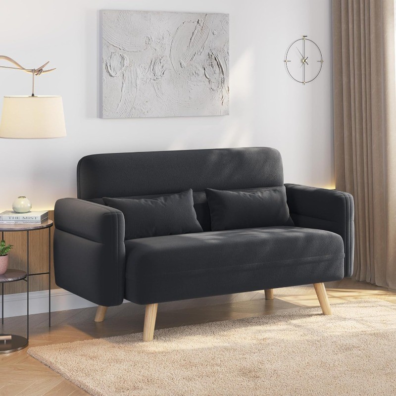 46" Small Fabric Sofa Loveseat Mid Century 2 Seater Couch with Lumbar Pillows