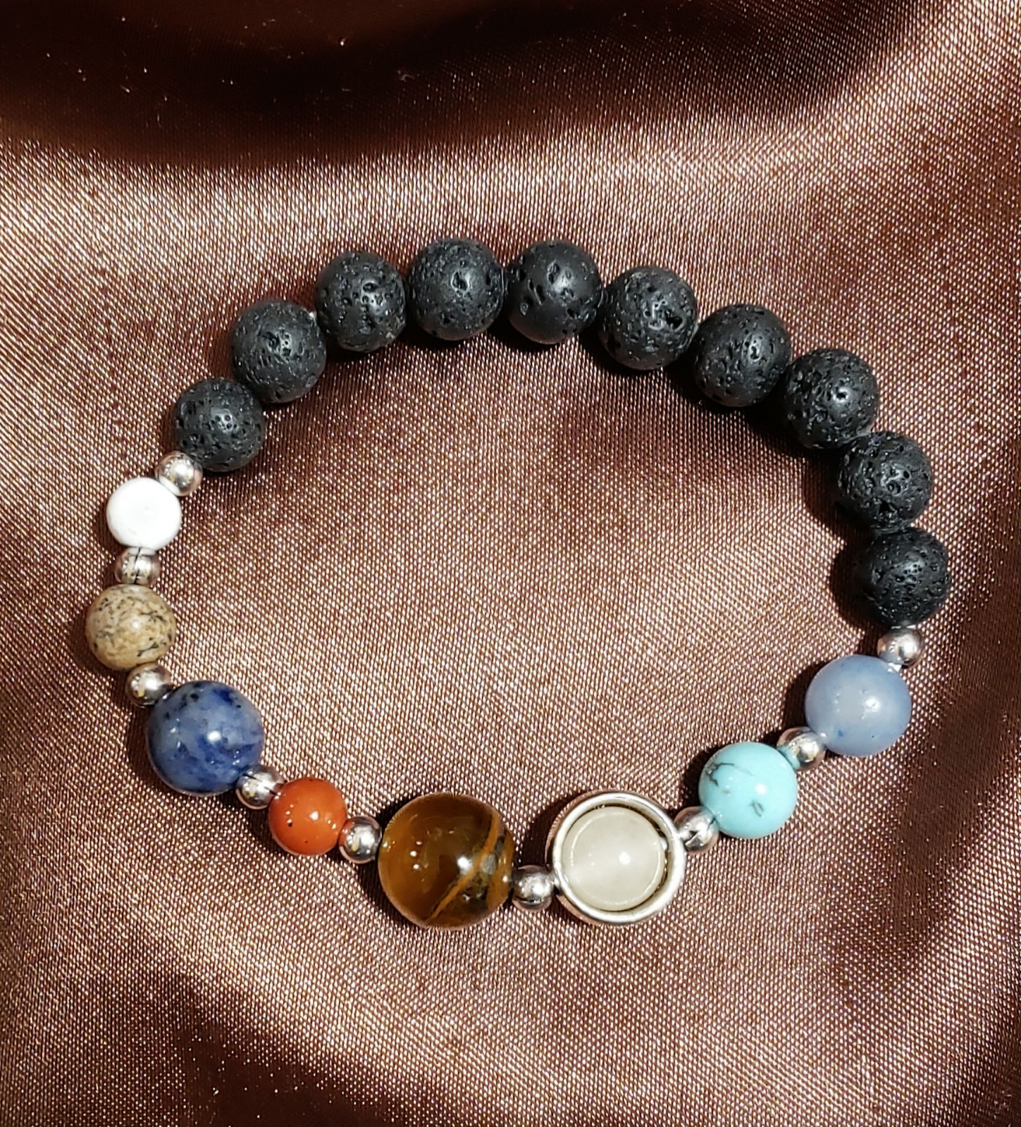 BRACELET, BEADED (SOLAR), GEMS with LAVA, Elastic, Multi-Color, 8"