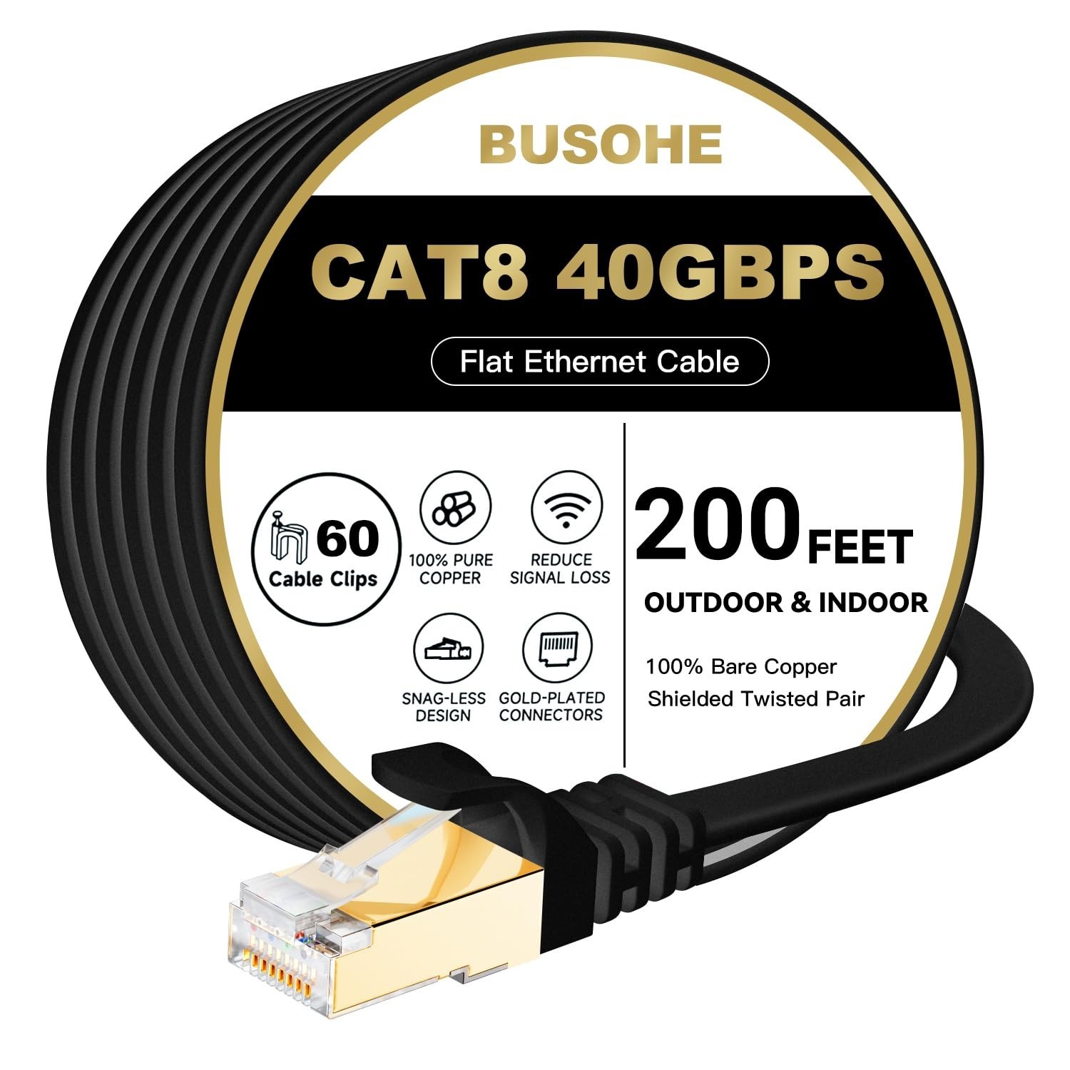 High-Speed Cat 8 Ethernet Cable 200FT, 40Gbps 2000MHz Flat LAN Wire, Shielded, R