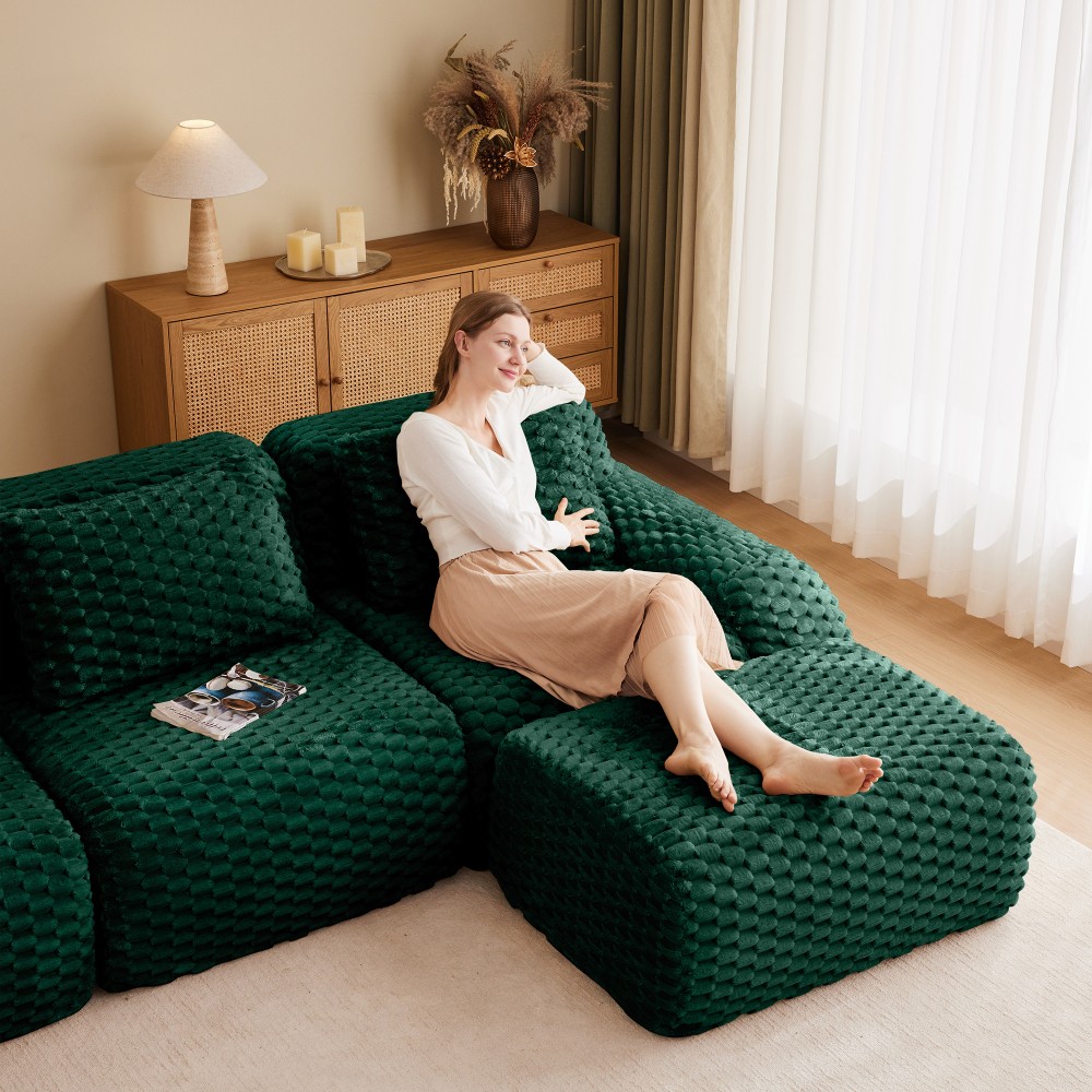 82" Modern L-Shaped Modular Sectional Sofa w/ Ottoman, Flannelette, Green