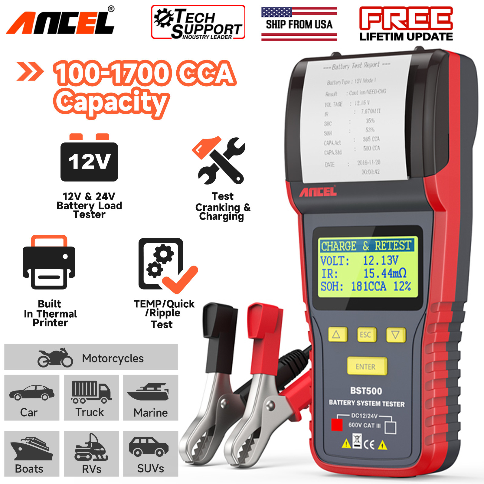 Heavy Duty Truck Battery Load Tester with Printer Car Cranking Charging Analyzer