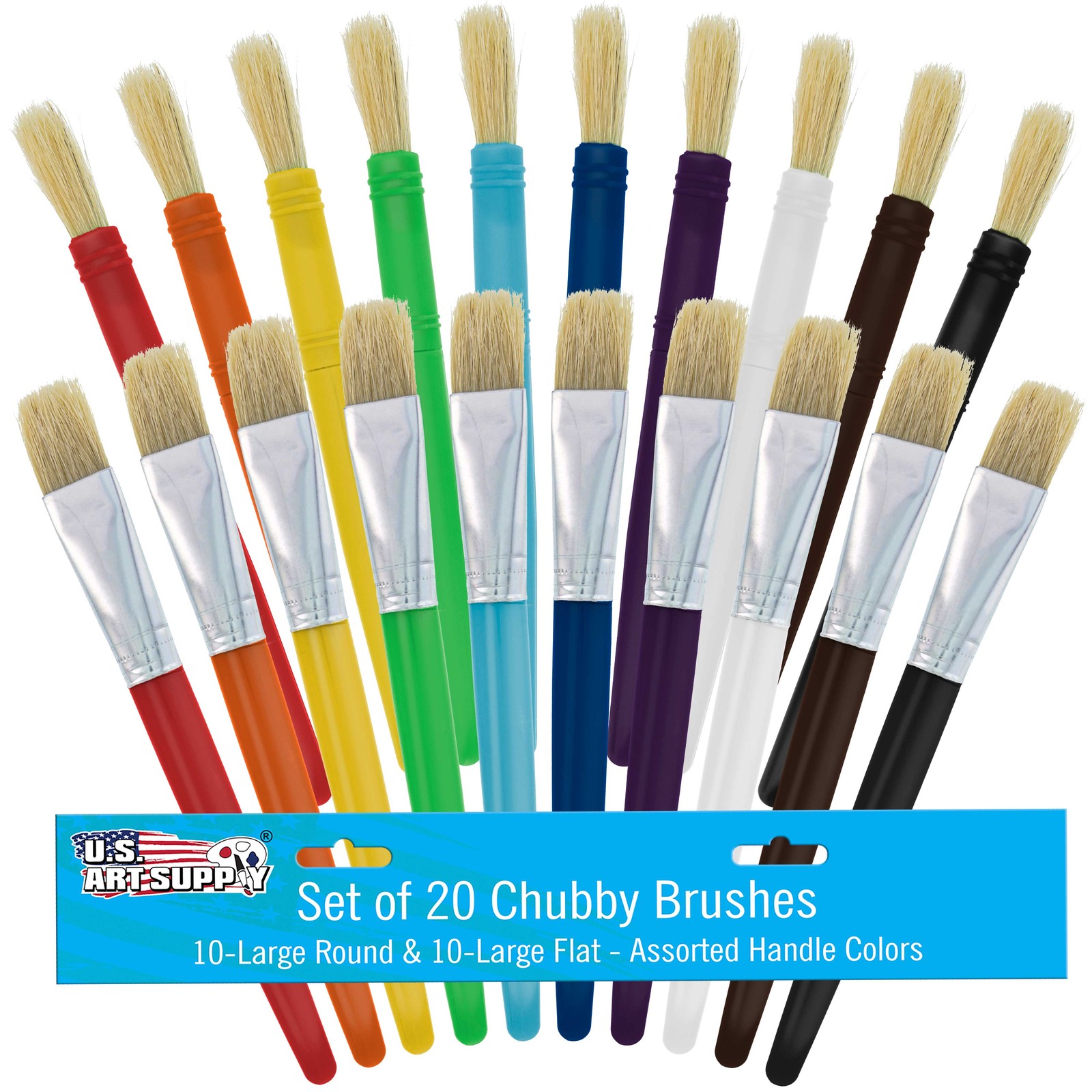 20pc Large Round & Flat Children's Hog Bristle Tempera Paint Brush Set, Kids Fun