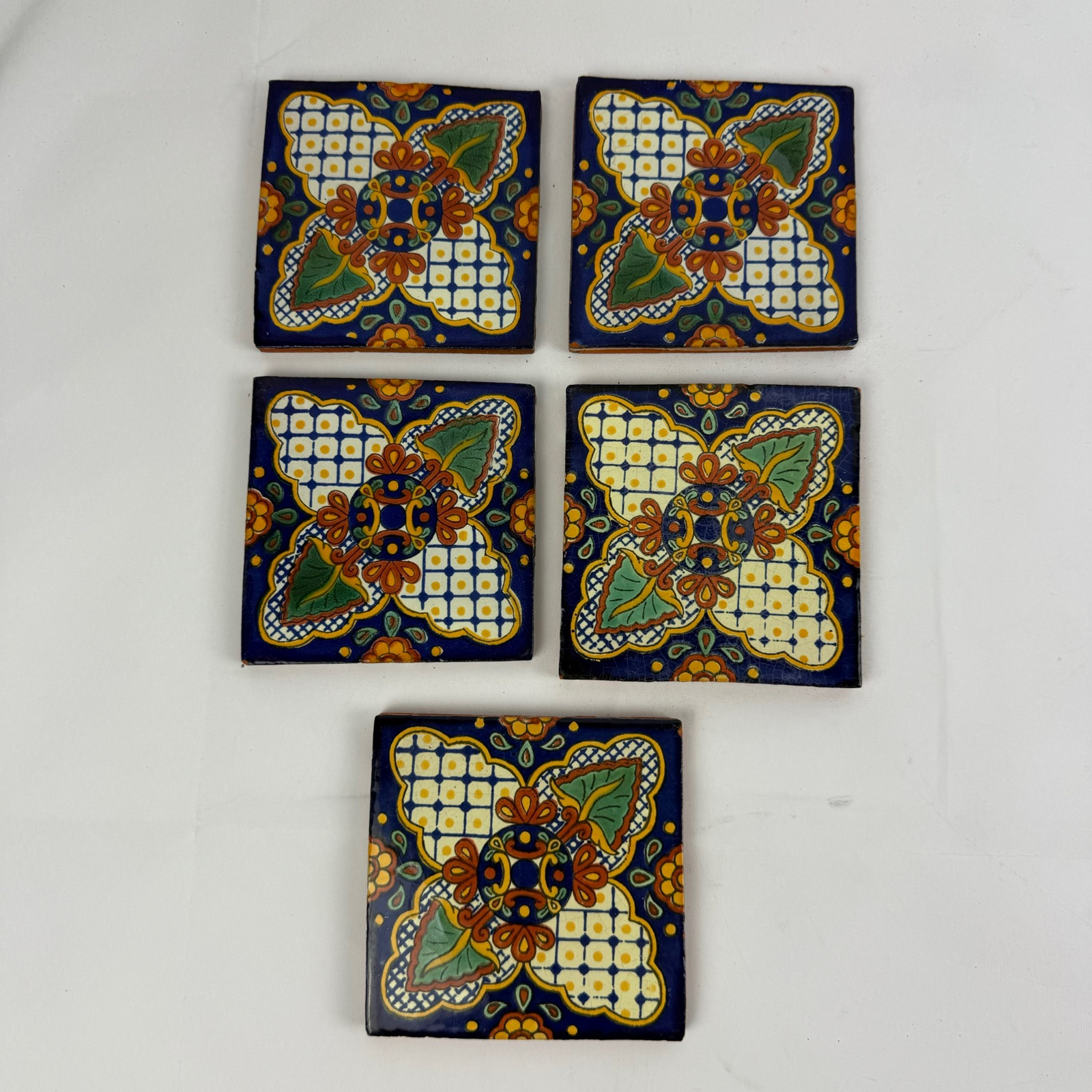Lot Of 5 Mexican Tiles Ceramic Hand Made Spanish Influence Talavera Mosaic Art