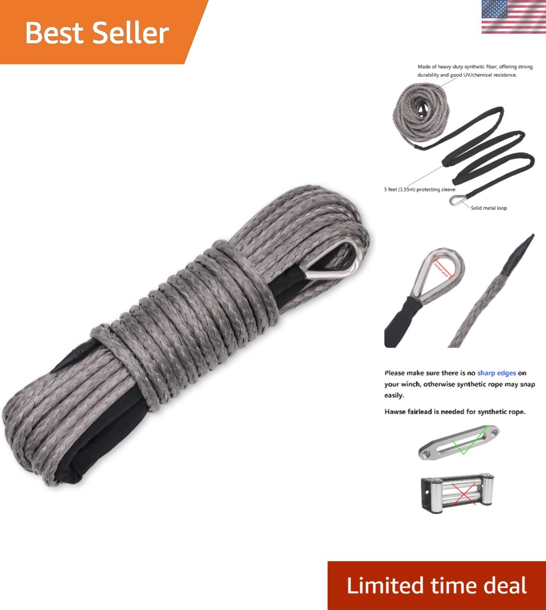 Upgrade Your Winch: 50ft Synthetic Cable with 10,000lbs Load Capacity, Gray