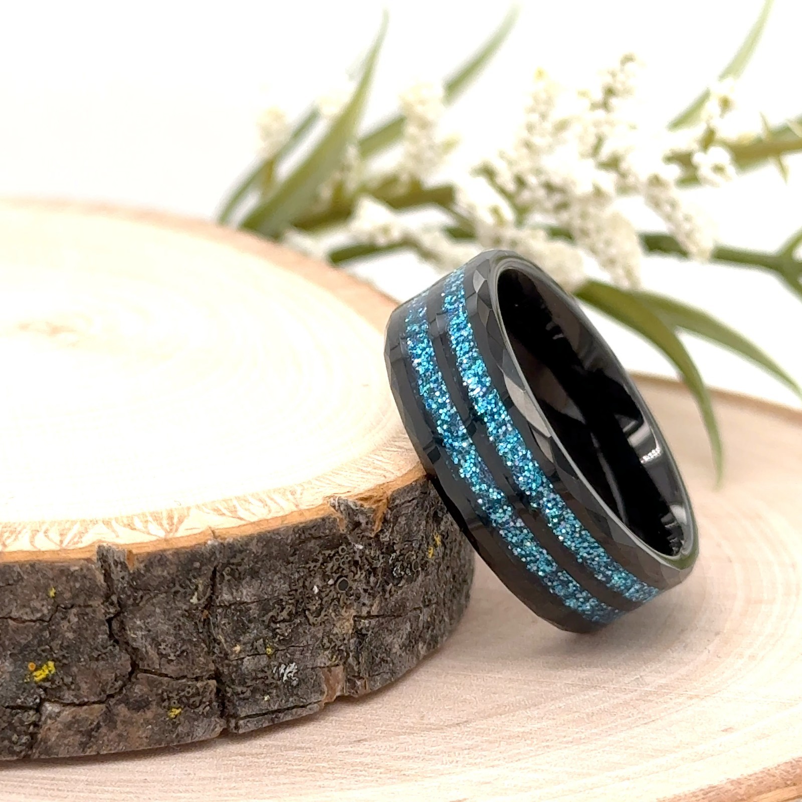 8mm Black Faceted Tungsten Christmas Ring Dual Blue Glitter Inlay Polished Band